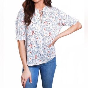 Melloday Ruffled Floral White Blue Smocked Blouse Size Large‎ High Low Boho